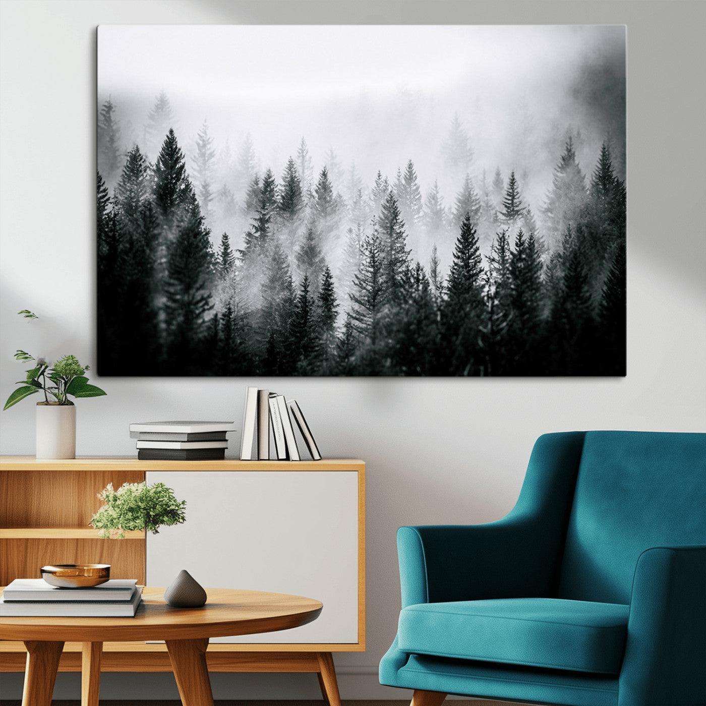 Foggy Pine Forest Canvas Wall Art – Black and White Nature Landscape Print, Horizontal Canvas for Modern, Rustic, or Minimalist Home and Office Decor