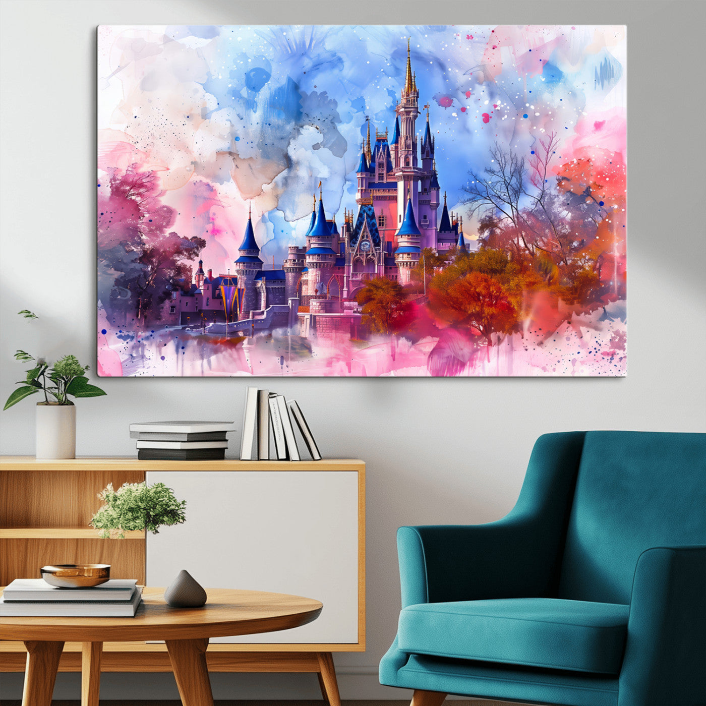 Watercolor canvas of a dreamy Disney-style castle in pastel pink and blue tones, perfect for fairytale or whimsical home decor.