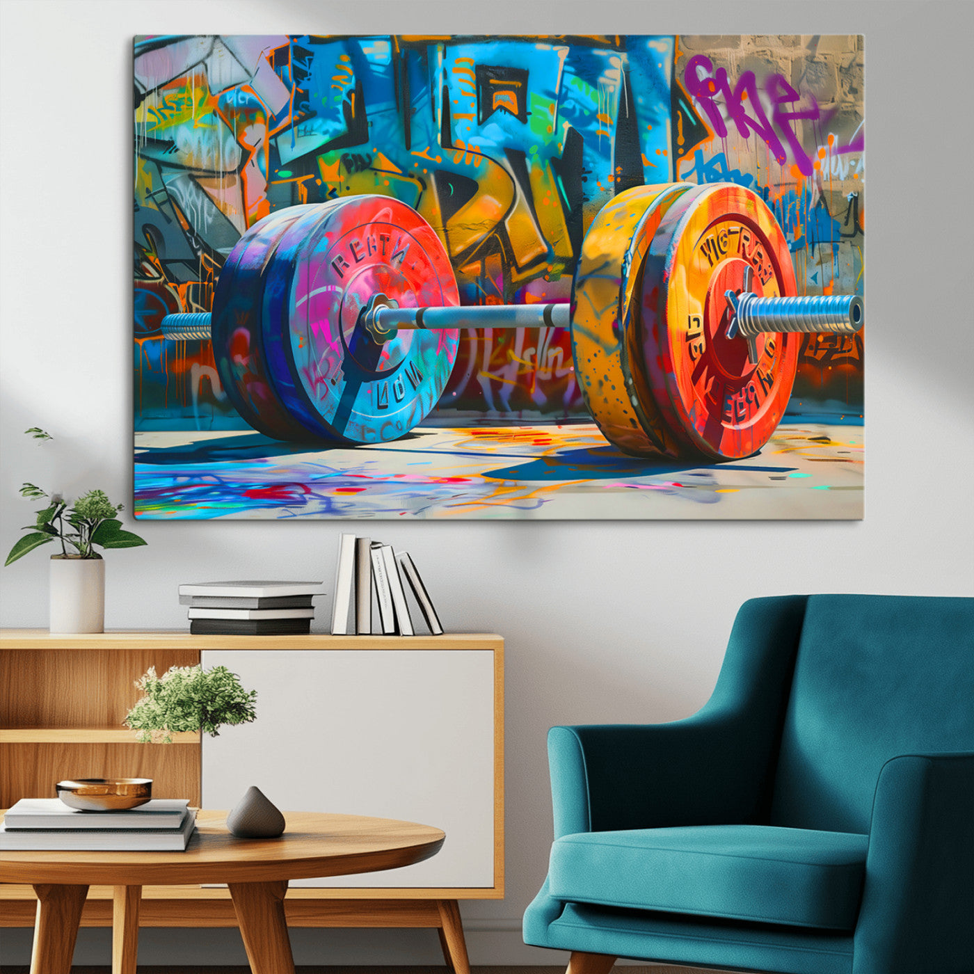 Colorful Barbell Wall Art Canvas Print, Framed Street Gym Art Picture Print, Graffiti Workout Perfect Urban Fitness Decor Artwork