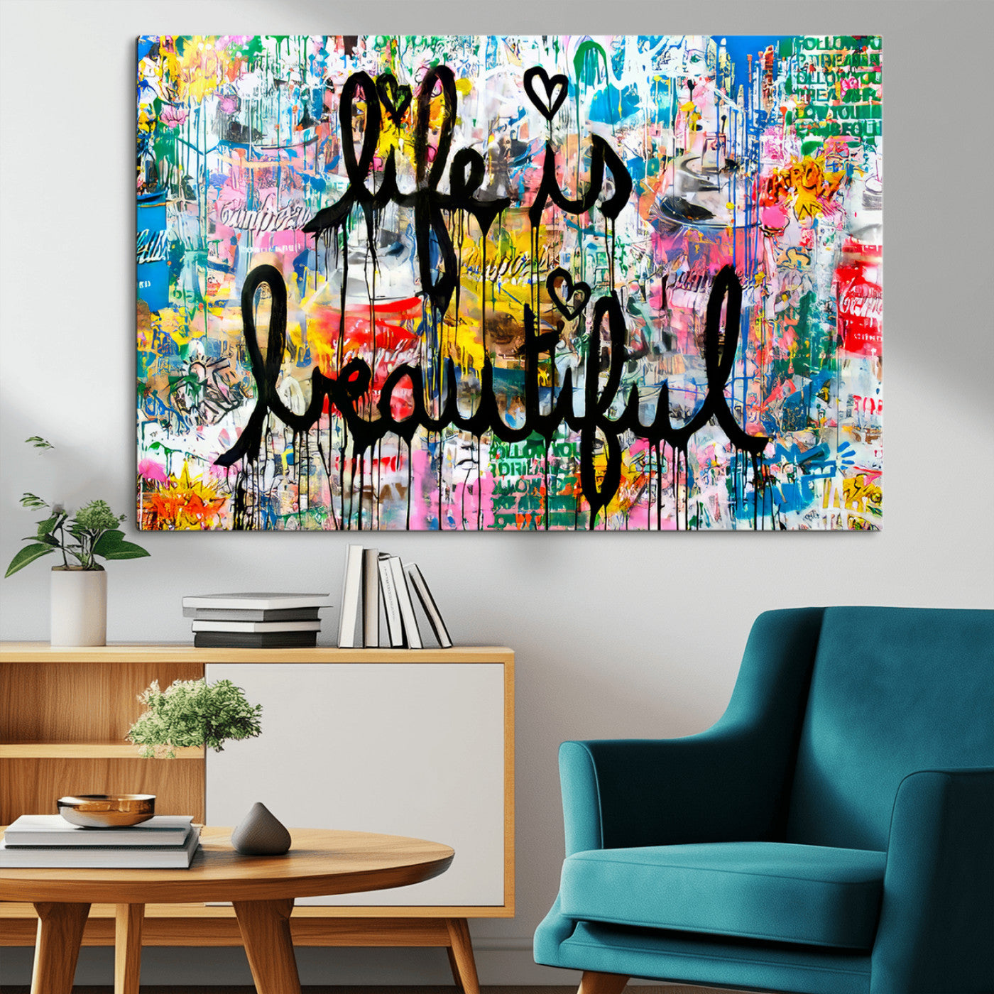 Colorful urban-style canvas with graffiti text “Life is Beautiful” in black paint, ideal for bold or street-themed home decor.