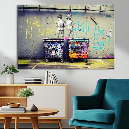 Graffiti-style canvas art with bold text and two naked figures over urban dumpsters, ideal for edgy or street-style decor.