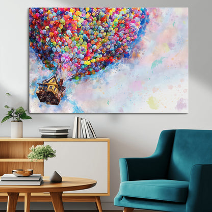 Whimsical canvas of the house from the movie Up flying with colorful balloons, ideal for Pixar or animation-themed decor.