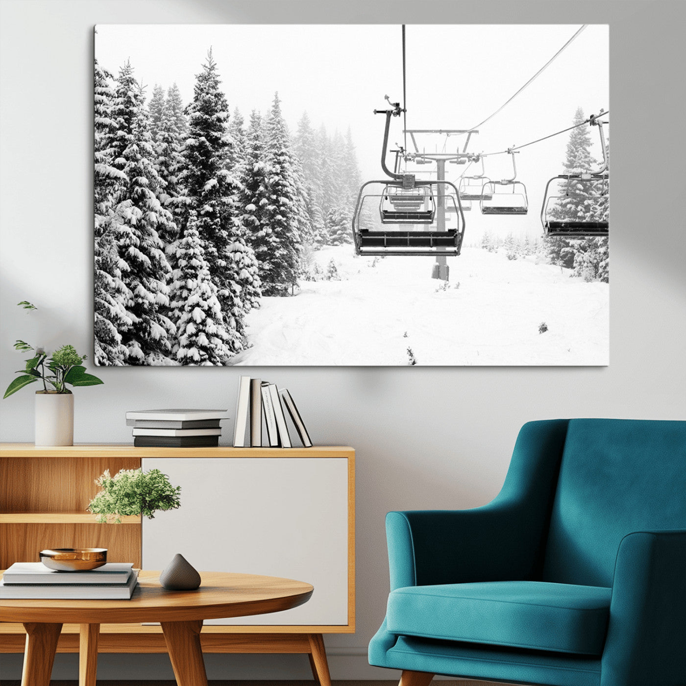 Black and white canvas of empty ski lifts over a snowy pine forest, perfect for minimal winter or ski lodge-inspired decor.