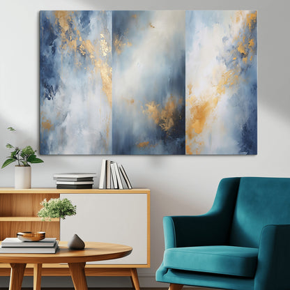 Abstract canvas art in soft blue and gold tones with textured brushstrokes, ideal for elegant or modern neutral decor spaces.