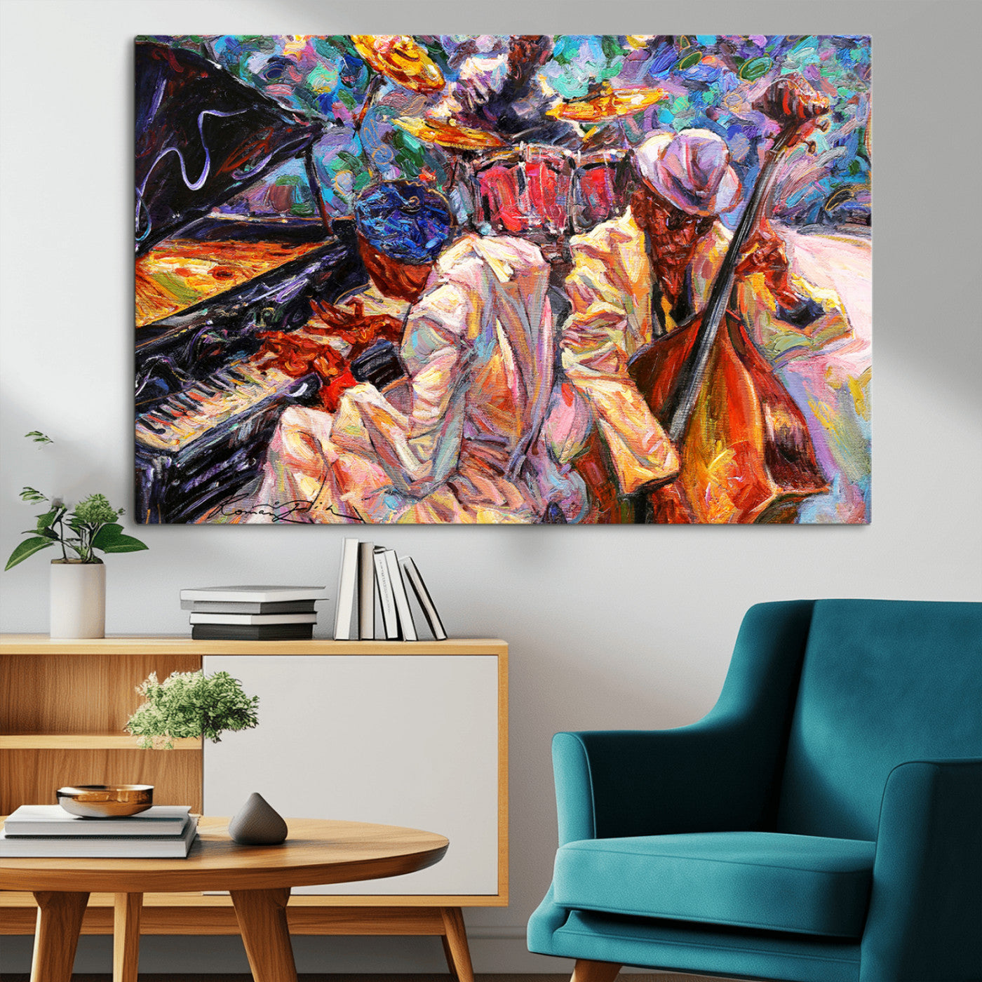Vibrant oil painting of a jazz band with piano, saxophone, and bass, ideal for colorful and expressive music-themed home decor.