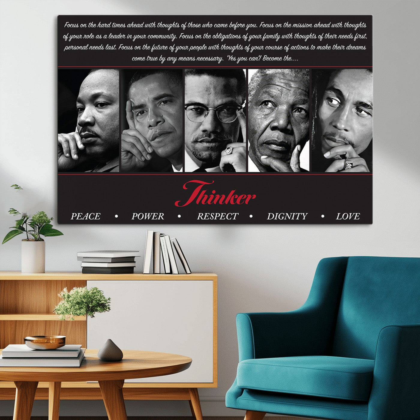 Monochrome canvas of iconic Black leaders with a powerful quote, perfect for modern spaces with a cultural or motivational theme.