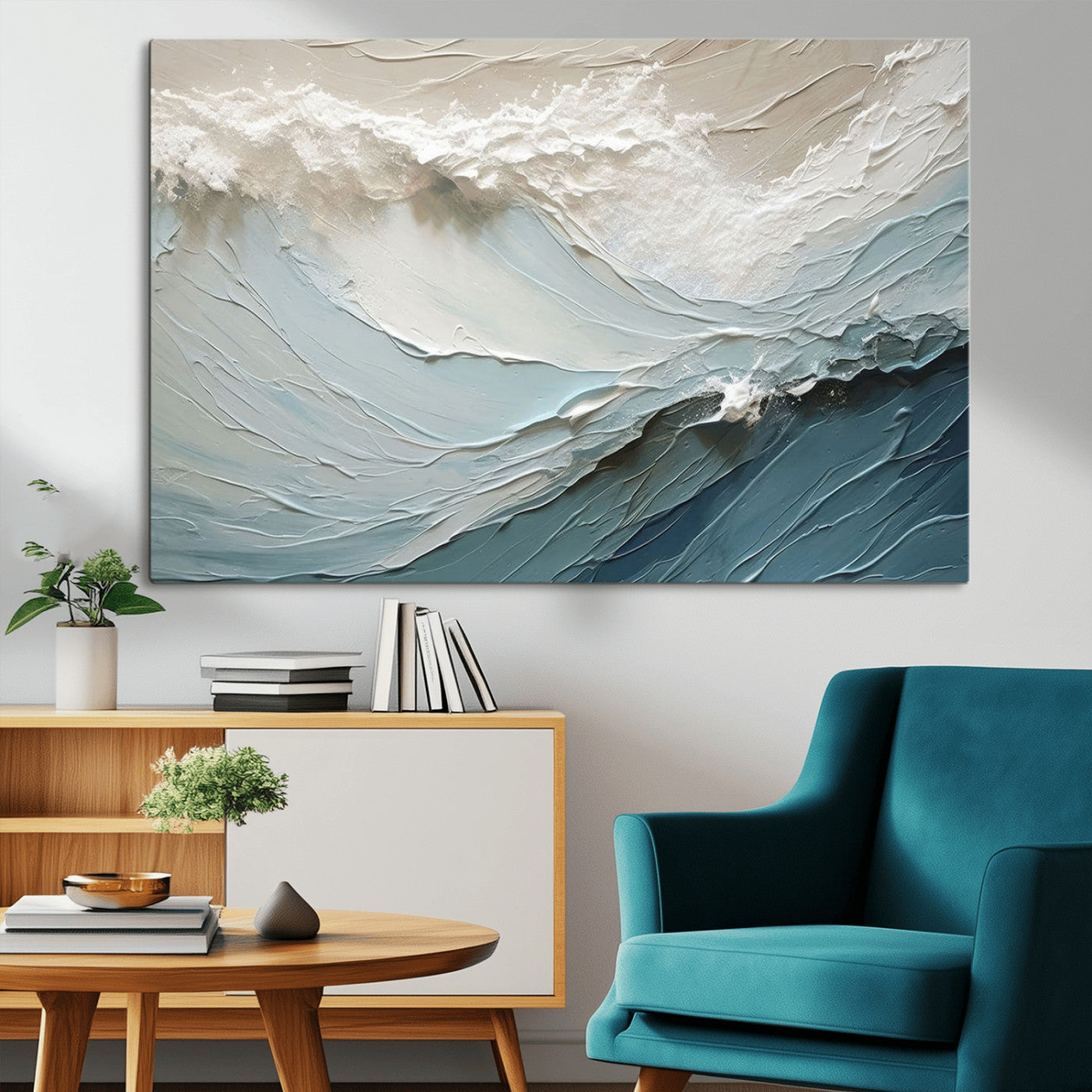 Textured canvas of ocean waves in soft coastal blues and creamy whites, ideal for modern or minimalist coastal-style interiors.