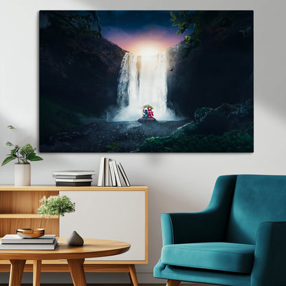Romantic scene of Stitch and Angel sitting under a leaf in front of a glowing waterfall, ideal for tropical or fantasy-themed decor.