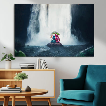 Fantasy canvas of Stitch and Angel under a leaf umbrella in front of a dramatic waterfall, perfect for moody jungle-themed or animated decor.