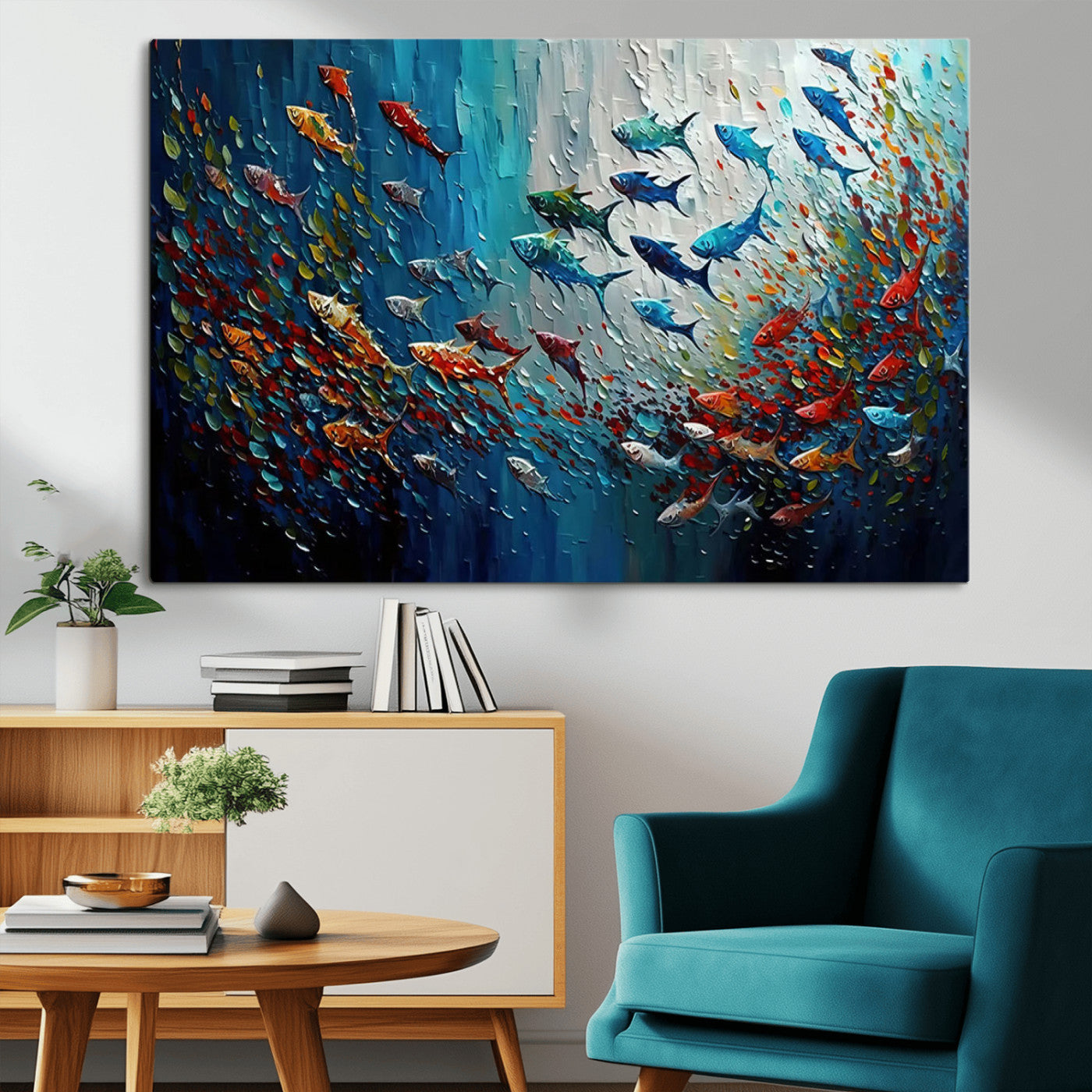 Colorful painting of fish swimming in abstract ocean swirls, perfect for vibrant marine-themed or expressive coastal home decor.