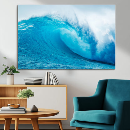 Vibrant canvas of a powerful curling ocean wave in tropical blue tones, perfect for coastal or surf-inspired decor settings.