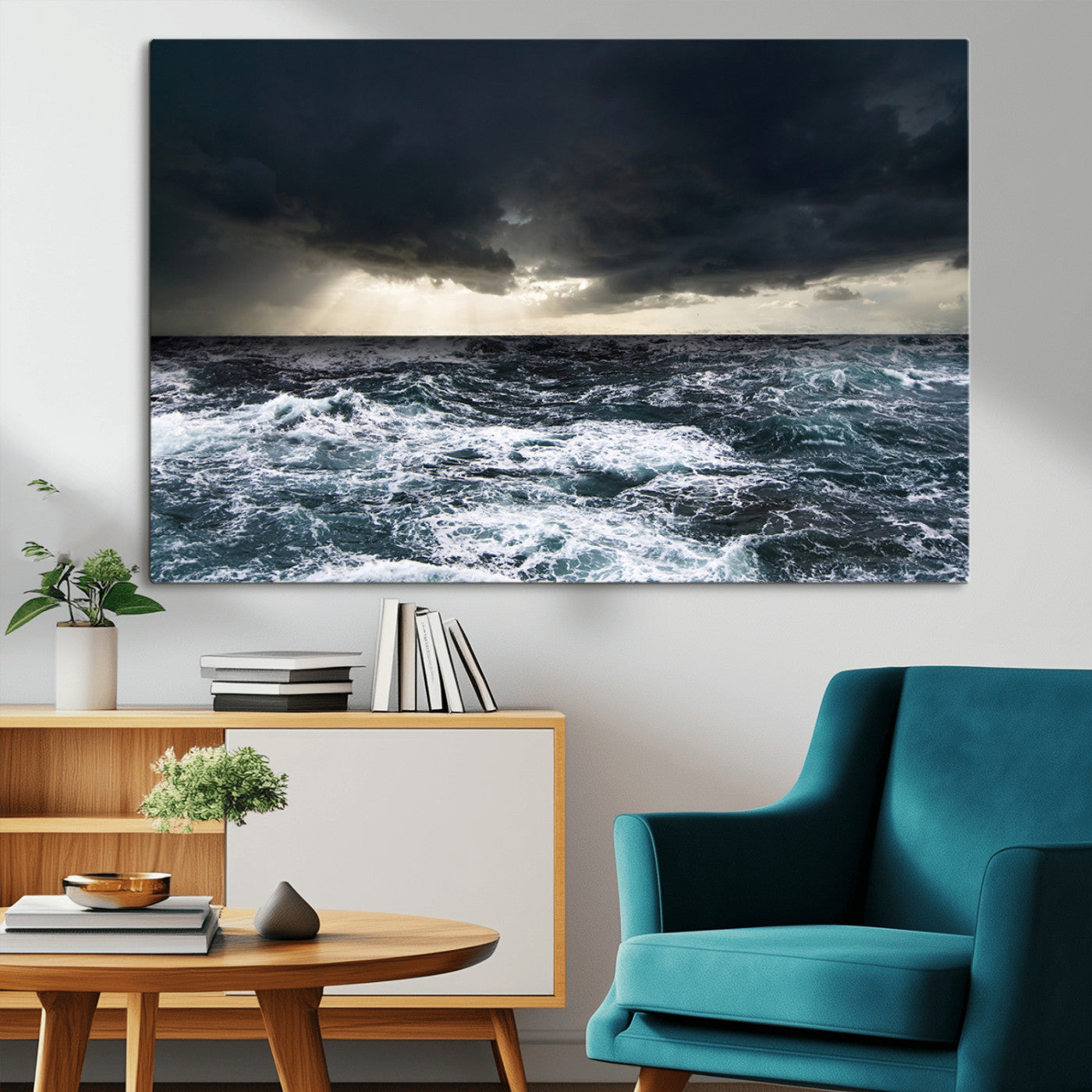 Moody ocean scene with stormy skies and crashing waves, perfect for dramatic or coastal-style home wall decor.
