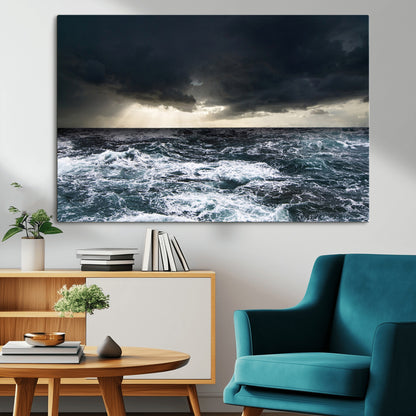 Moody ocean scene with stormy skies and crashing waves, perfect for dramatic or coastal-style home wall decor.