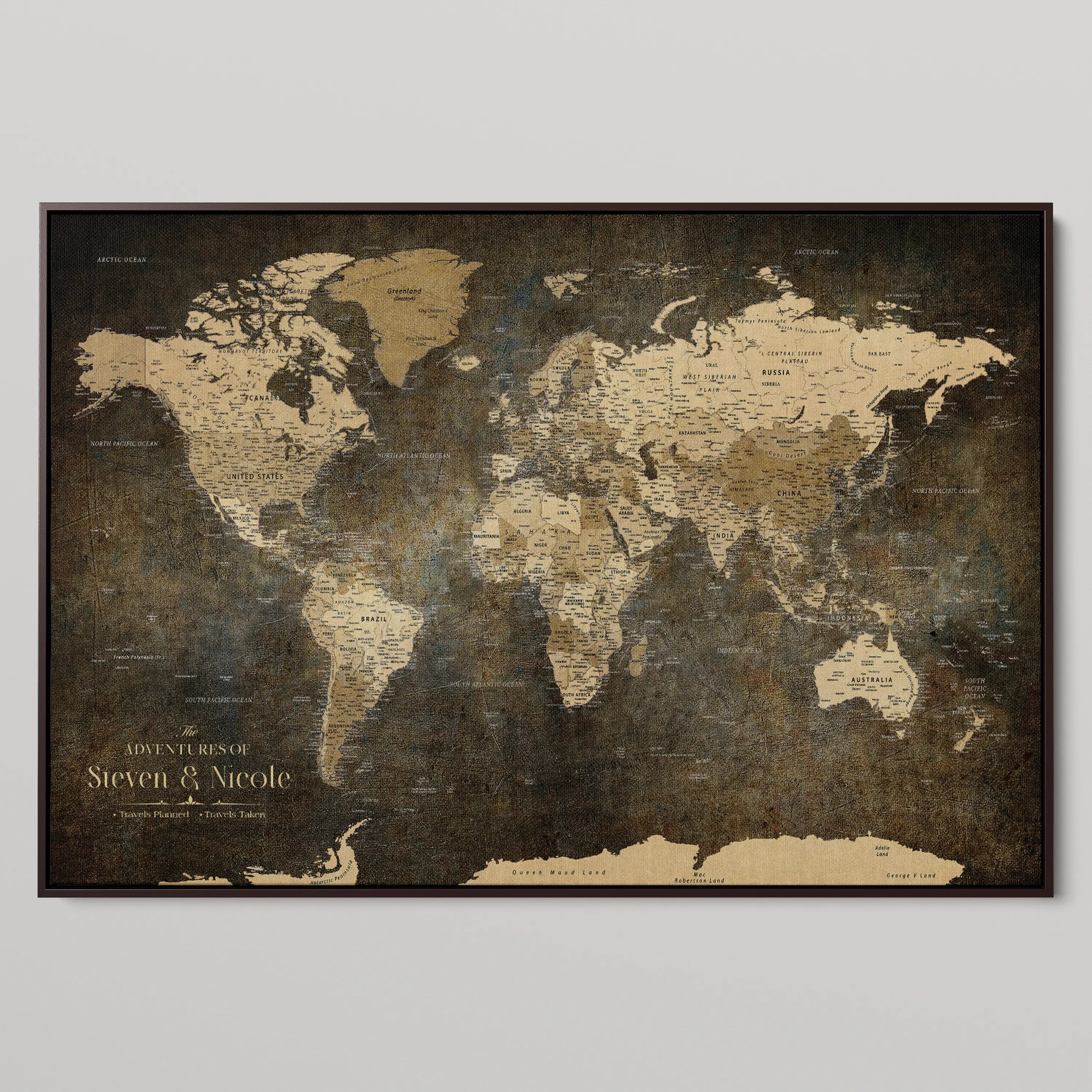 77826024-MGV-CV-36X24-Personalized Travel Map Canvas Print – Custom Framed Push Pin World Art Gift for Couples, Anniversaries, or Explorer-Themed Decor