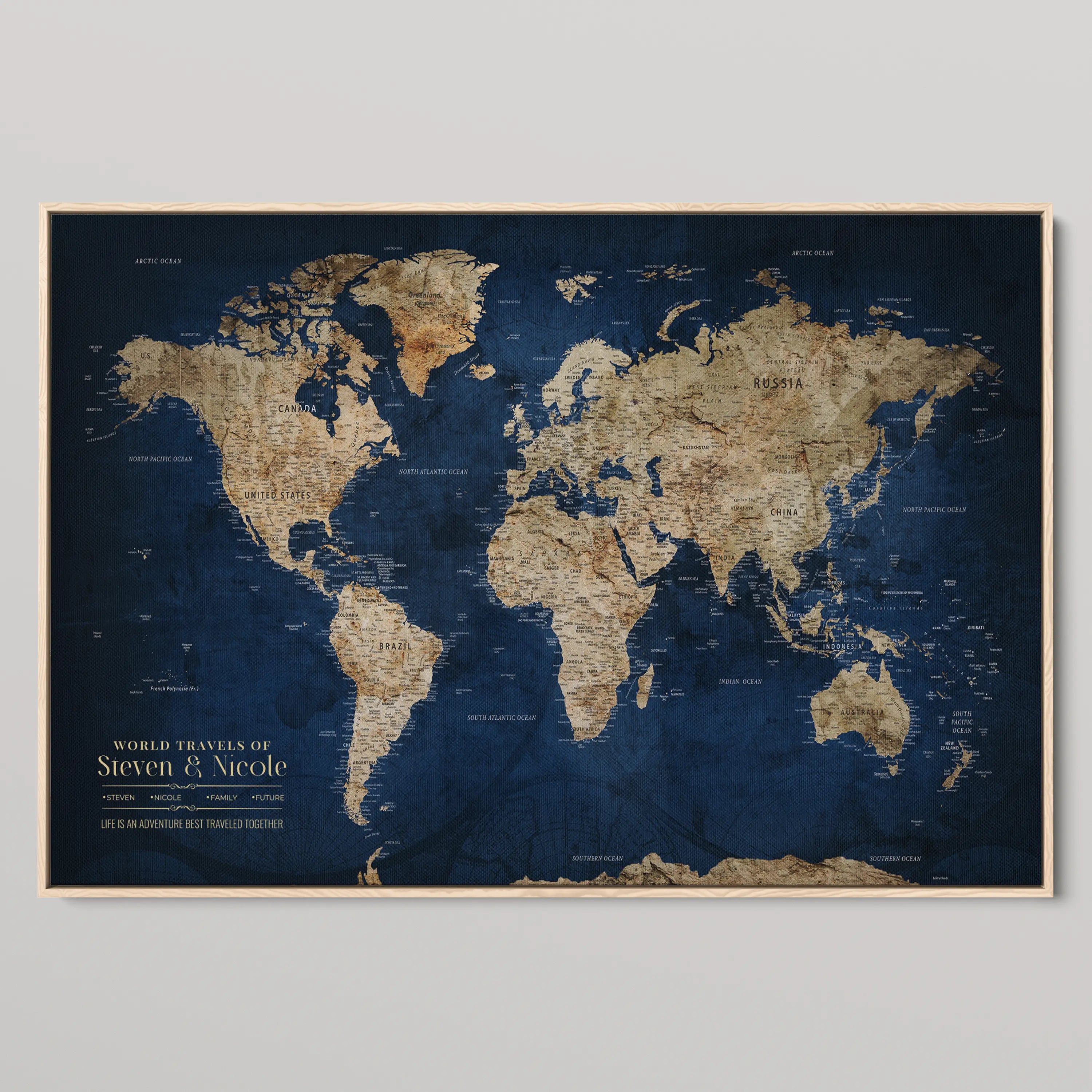 77826024-MGV-CV-36X24-Personalized Travel Map Canvas Print – Custom Framed Push Pin World Art Gift for Couples, Anniversaries, or Explorer-Themed Decor