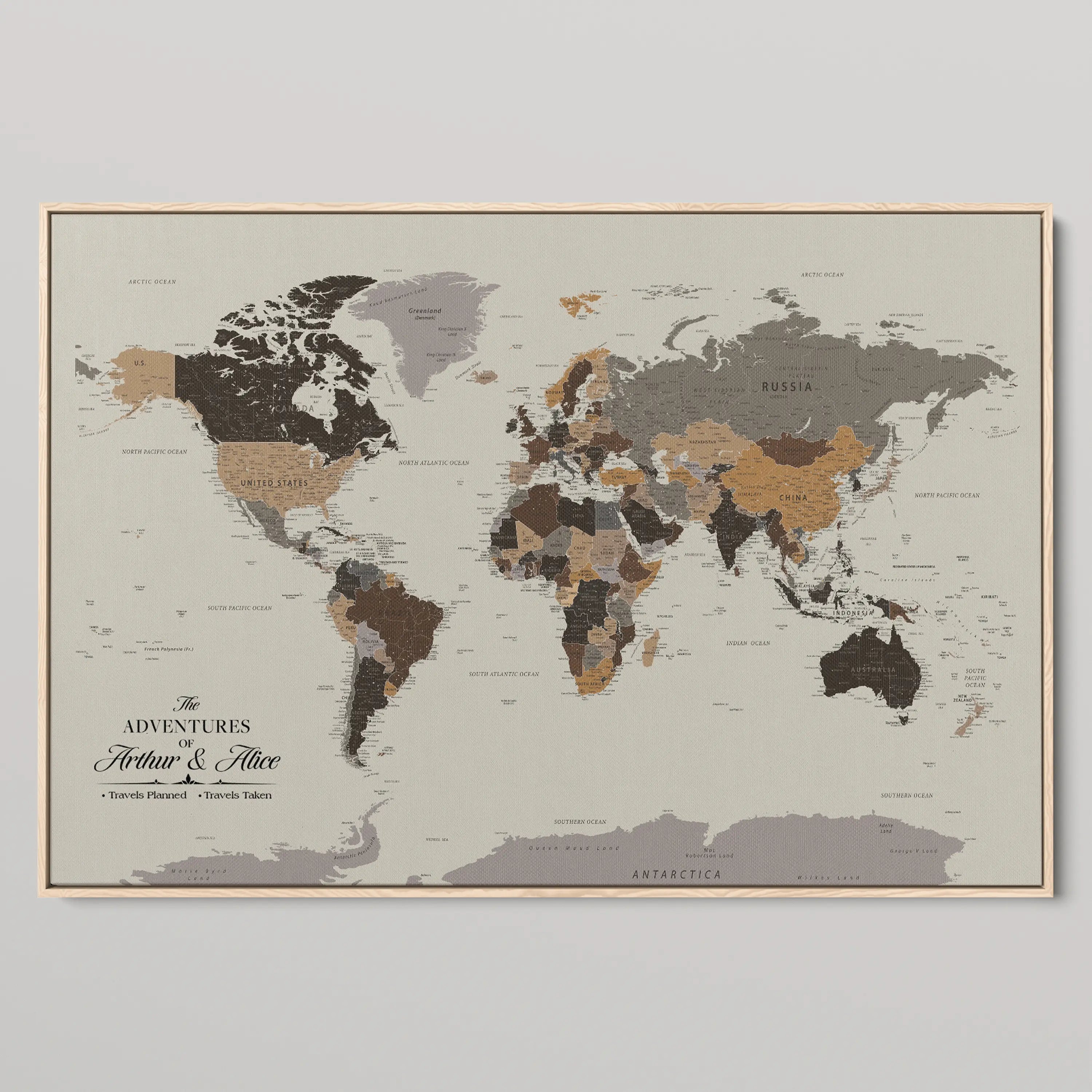 77826024-MGV-CV-36X24-Personalized Travel Map Canvas Print – Custom Framed Push Pin World Art Gift for Couples, Anniversaries, or Explorer-Themed Decor