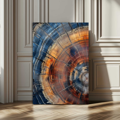 Canvas of colorful tree rings in rich blue and warm orange hues with cracked natural texture, ideal for rustic or earthy decor styles.