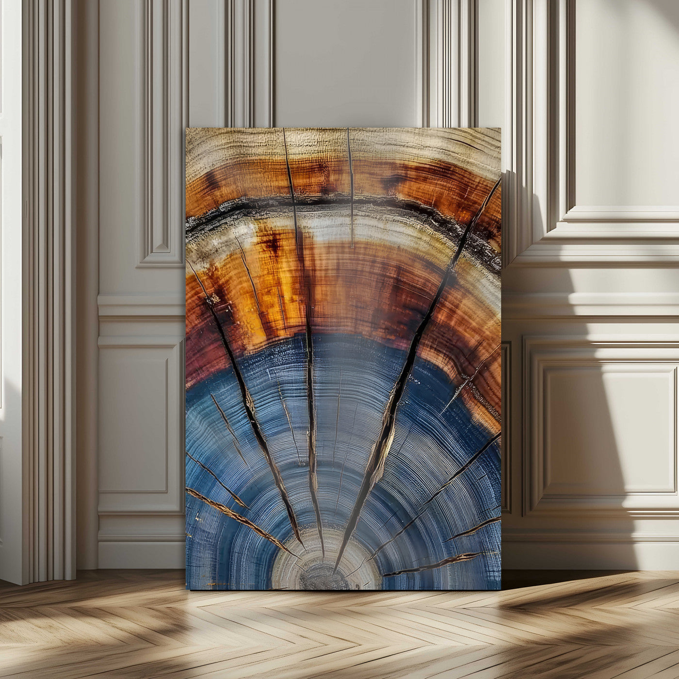 Canvas of a tree ring with bold blue and orange hues and cracked radial lines, ideal for rustic or earthy modern interiors.
