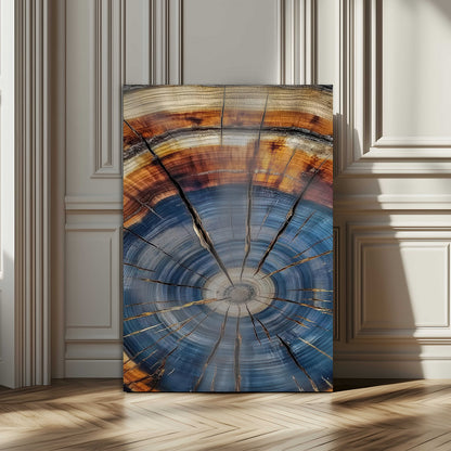 Canvas of a tree ring with bold blue and orange hues and cracked radial lines, ideal for rustic or earthy modern interiors.