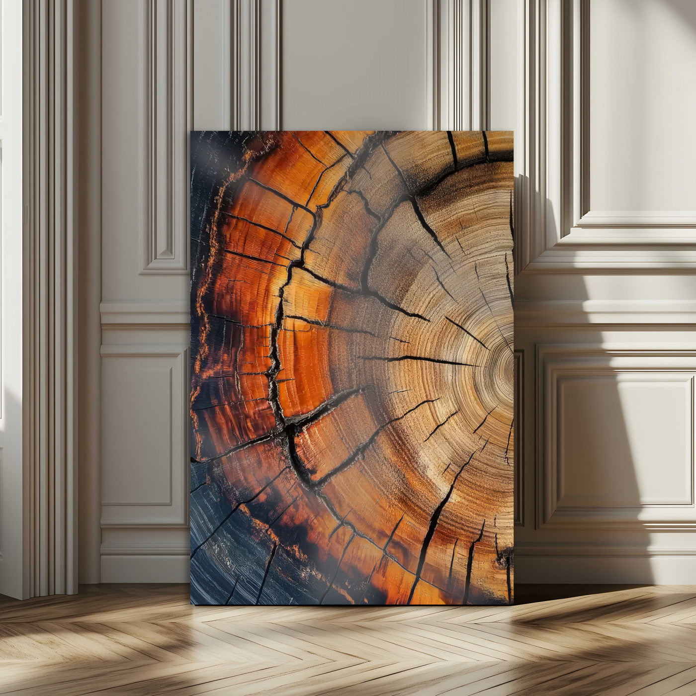 Canvas of a cracked tree ring with warm burnt orange tones and dark edges, ideal for rustic or earthy home decor themes.
