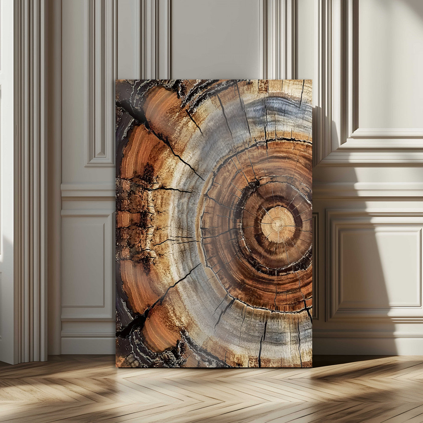 Canvas of tree rings and natural wood grain in earthy tones, ideal for rustic or vintage-inspired home decor with organic textures.