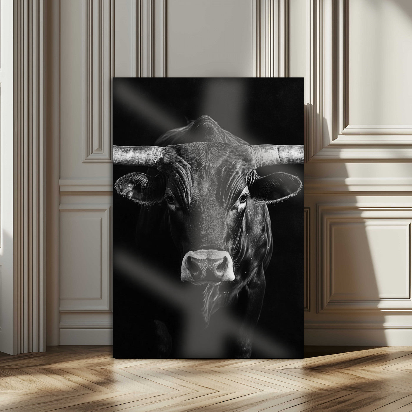 Canvas of a Texas longhorn in black and white with dramatic lighting and bold contrast, ideal for rustic or modern western wall decor.