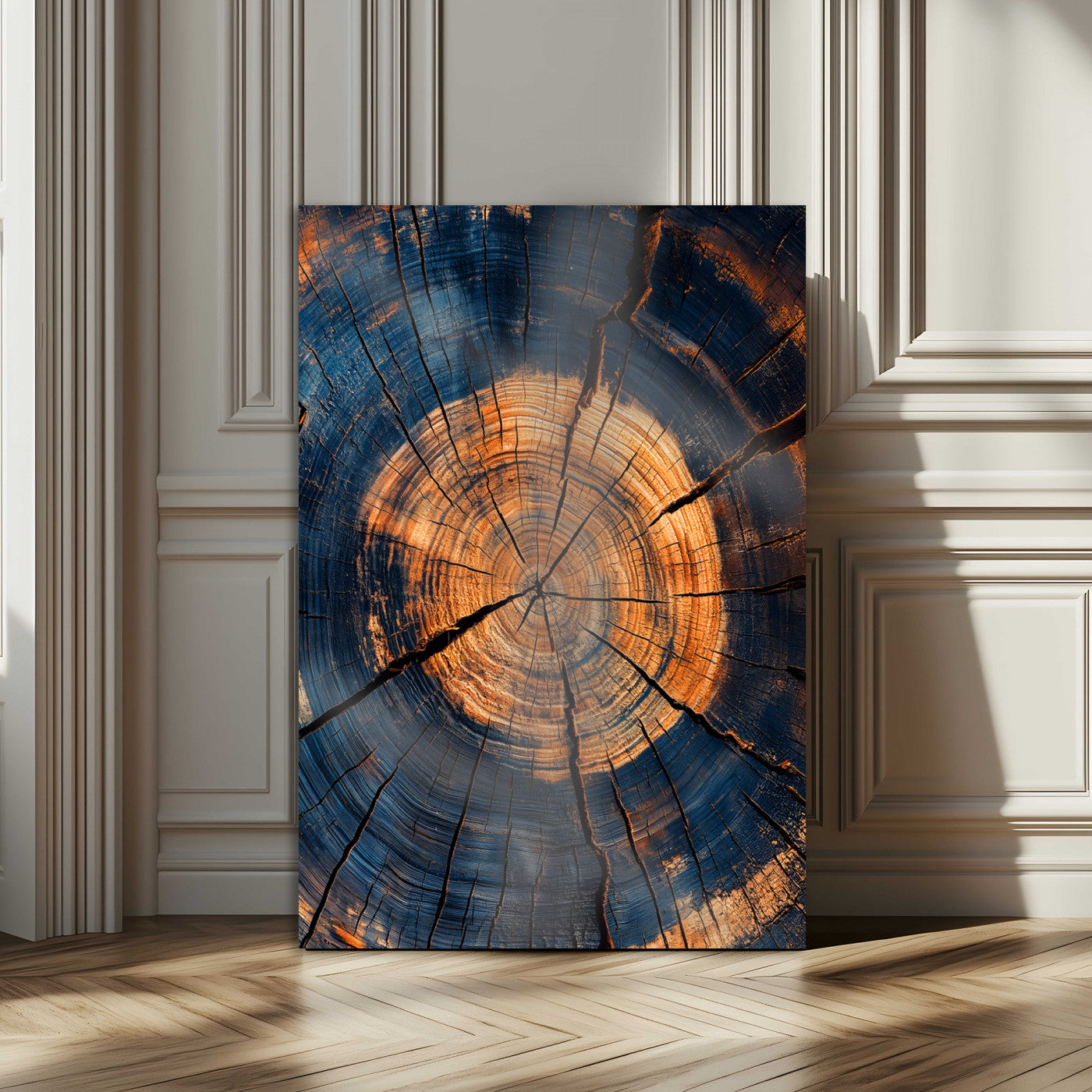 Close-up canvas of tree rings with burnt orange and deep blue tones, perfect for rustic or earthy-themed home decor.