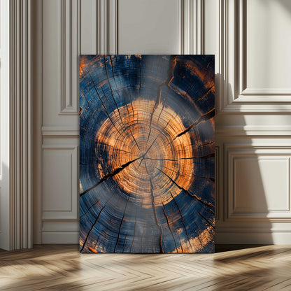 Close-up canvas of tree rings with burnt orange and deep blue tones, perfect for rustic or earthy-themed home decor.
