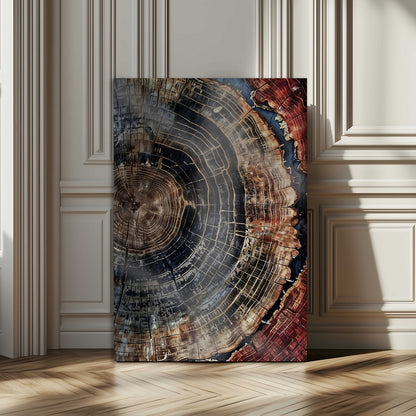 Rustic canvas featuring detailed tree rings and dark earthy tones, ideal for moody wood or organic nature-inspired home decor.