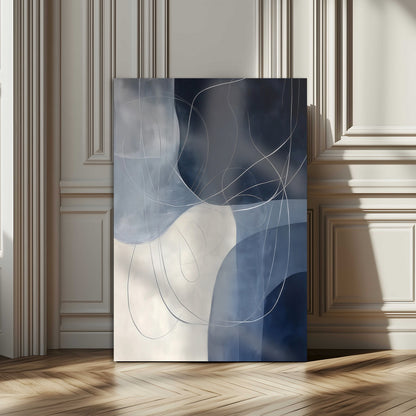 Contemporary abstract canvas with navy, grey, and white curved forms and fine line details, ideal for minimalist or modern interiors.