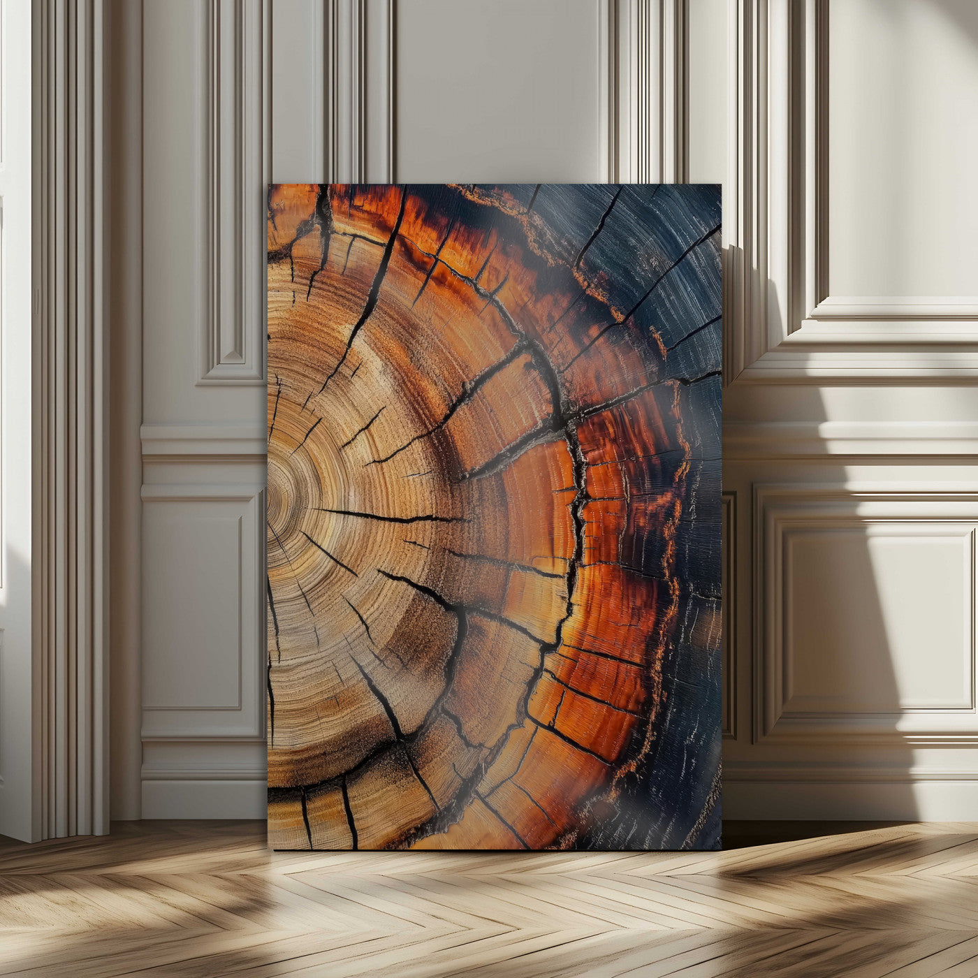 Framed canvas of burnt tree rings with rich wood texture and warm tones, ideal for rustic or earth-inspired interior decor.