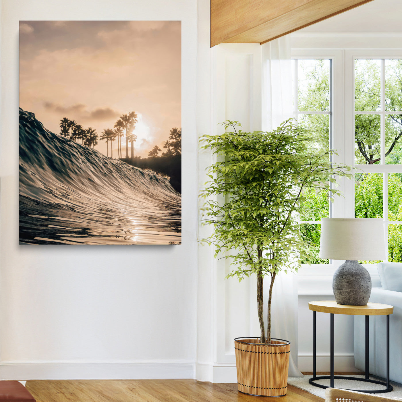 Golden sunset view of an ocean wave curling near palm trees, radiating warm tones perfect for coastal or tropical-themed decor.