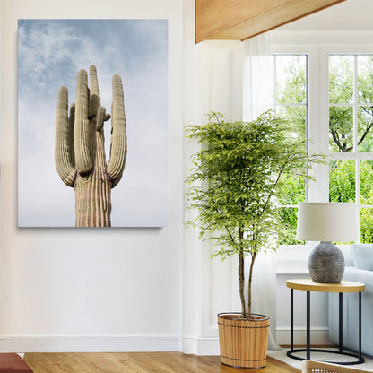 Vertical photo of a tall saguaro cactus against a soft sky, ideal for earthy or Southwestern home decor with warm neutral tones.