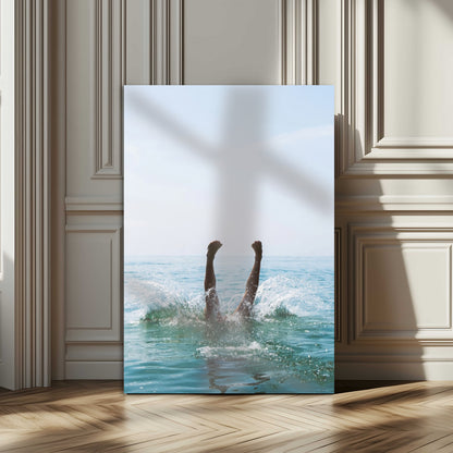 Vibrant ocean canvas of a playful diving splash, ideal for coastal or beach-themed interiors with a lively summer vibe.