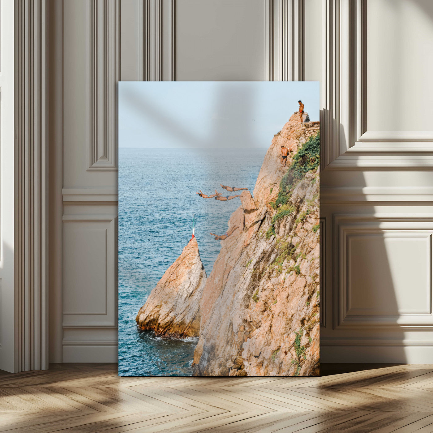 Canvas wall art capturing a bold cliff diving sequence into turquoise waters, perfect for vibrant and adventurous coastal or sporty interiors.