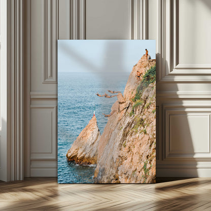 Canvas wall art capturing a bold cliff diving sequence into turquoise waters, perfect for vibrant and adventurous coastal or sporty interiors.