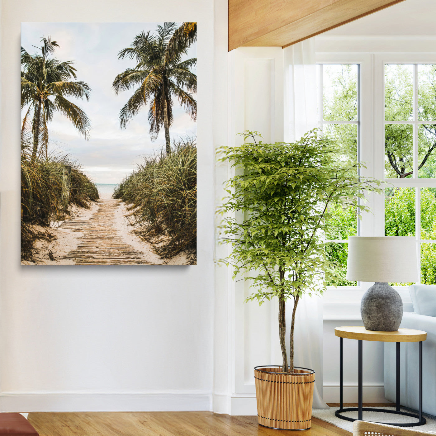 Canvas wall art of a tropical beach path with palm trees and dune grass, ideal for coastal entryways or tropical-inspired home decor.