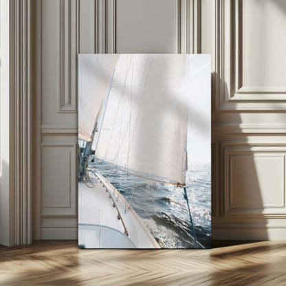 Canvas of a sailboat gliding on a sunlit ocean with white sails and sparkling water, ideal for coastal minimalist or nautical-style home decor.
