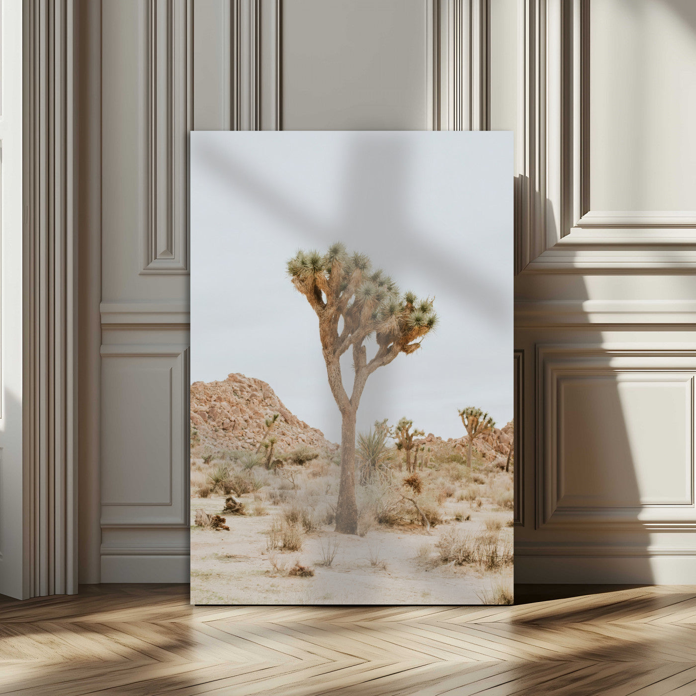 Canvas of a Joshua Tree in neutral desert tones under soft light, ideal for southwestern minimalist or rustic nature-inspired home decor.
