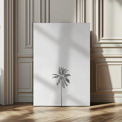 Canvas of a single palm tree in black and white with minimalist sky, ideal for modern coastal minimalist or tropical-inspired home decor.