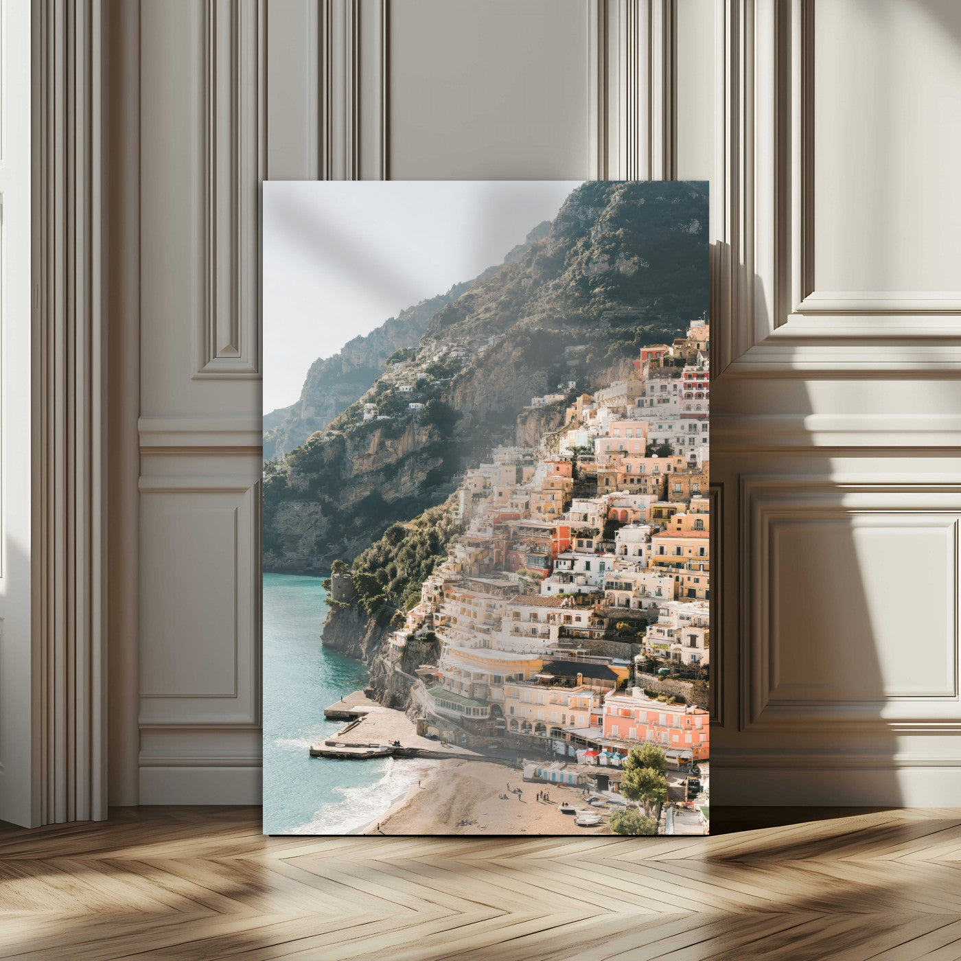 Canvas of colorful cliffside homes in Positano along the Amalfi Coast with warm tones, perfect for Mediterranean coastal or European-inspired home decor.