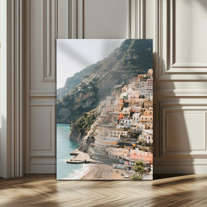 Canvas of colorful cliffside homes in Positano along the Amalfi Coast with warm tones, perfect for Mediterranean coastal or European-inspired home decor.