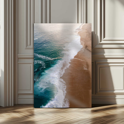 Canvas of a dreamy aerial beach scene with turquoise waves and soft sunset tones, ideal for modern coastal or minimalist home decor.
