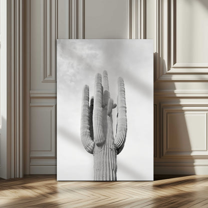 Canvas of a tall saguaro cactus in black and white with moody tones, perfect for southwestern minimalist or modern desert-themed home decor.