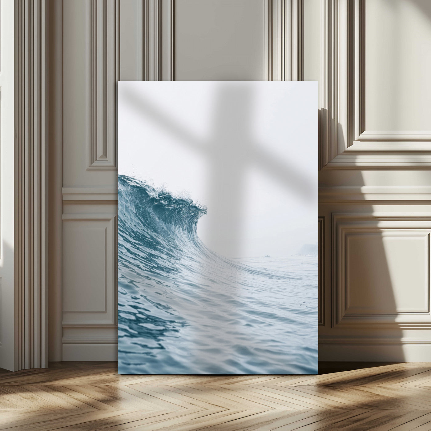 A single ocean wave curling in soft blue tones under a misty sky, ideal for coastal or minimalist home wall decor.