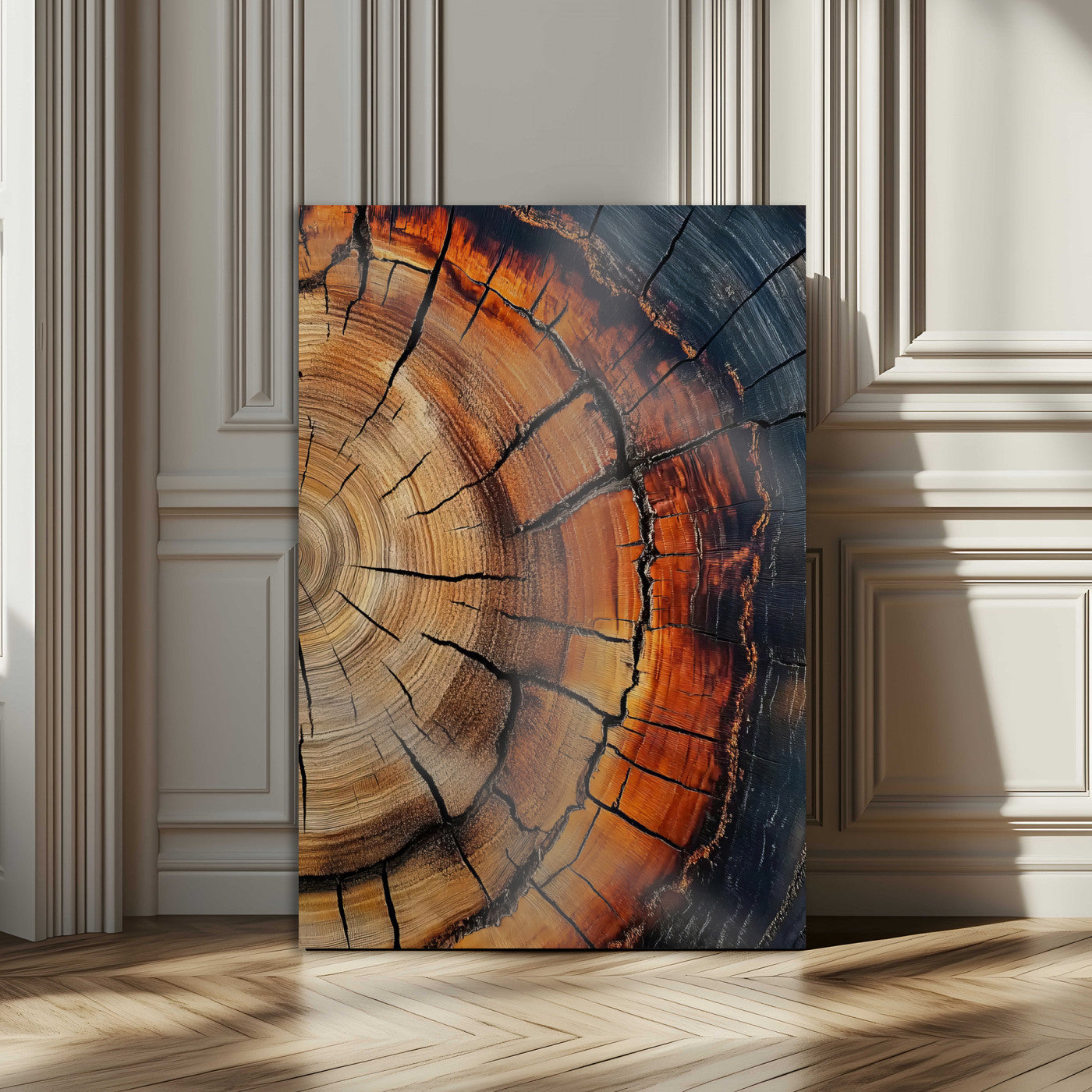 Close-up of a vibrant tree ring cross-section with orange and blue tones, ideal for rustic or boho-style interior decor.
