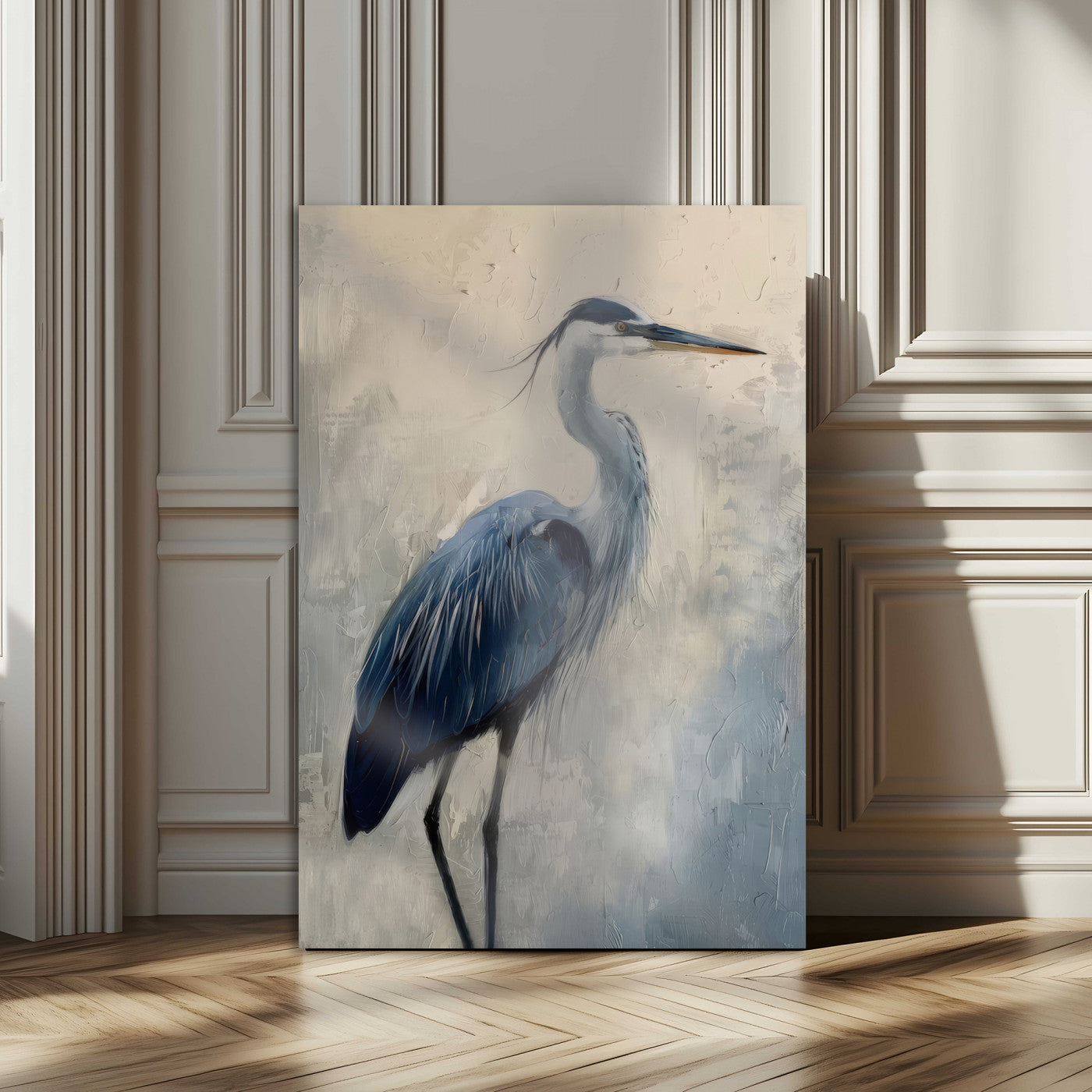 Blue heron standing gracefully on one leg, painted in soft neutrals and cool tones, perfect for modern coastal or nature-inspired decor.