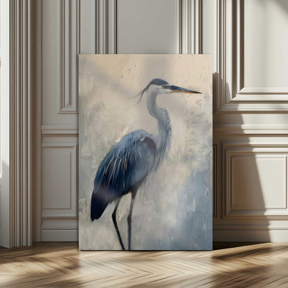 Blue heron standing gracefully on one leg, painted in soft neutrals and cool tones, perfect for modern coastal or nature-inspired decor.