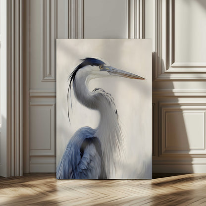 Elegant blue heron in profile with soft brush detail and neutral tones, ideal for nature-themed or coastal minimalist interiors.