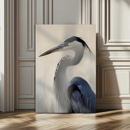 Single blue heron in profile with soft feathers and neutral tones, ideal for tranquil, coastal or nature-inspired interior settings.